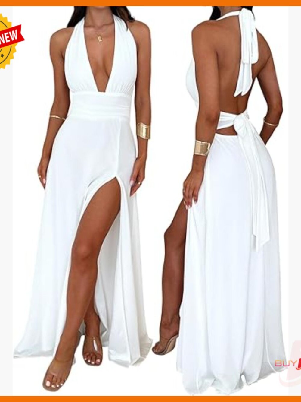 Halter V Neck Maxi Dress High Slit Open Back Formal Wedding Guest